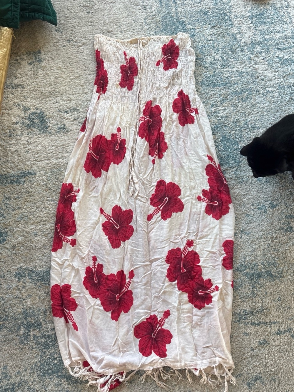 Women’s White Strapless Sundress with Red Floral Print